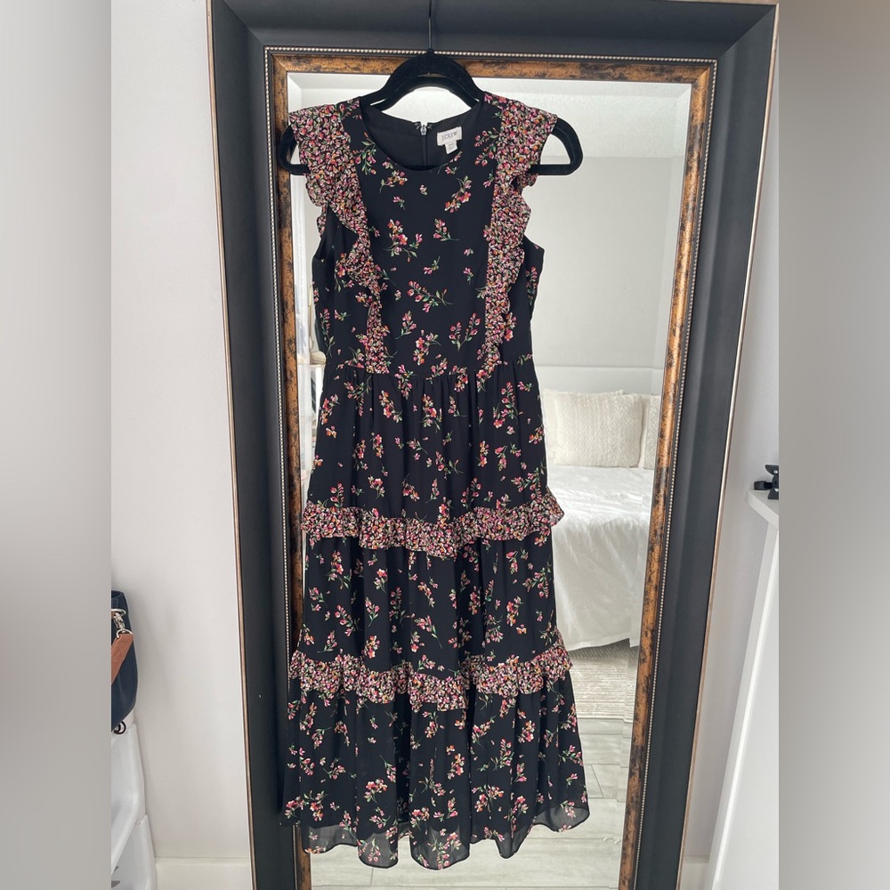 J.Crew Black Floral Ruffle Tiered Midi Dress - Picture 5 of 7